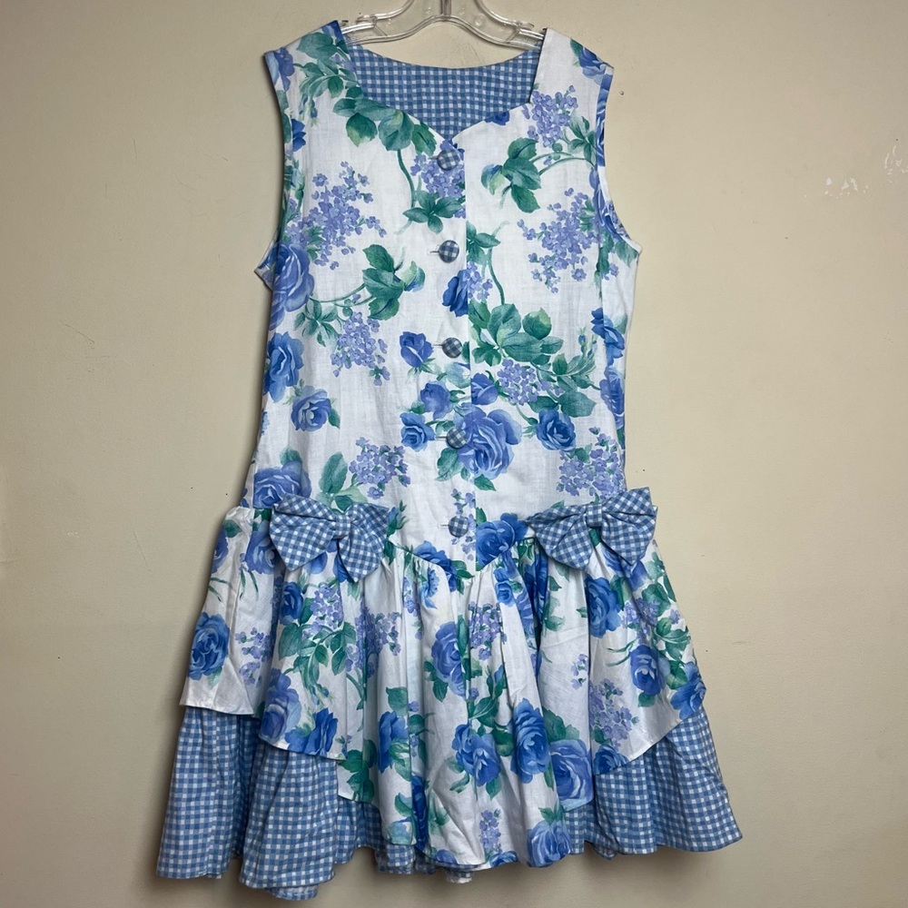 VTG Bonnie Jean  New York Blue Flowers & Gingham Party Dress Size 10 Made In USA